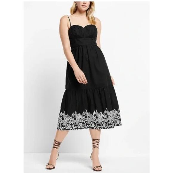 Express Brand Size XL Embroidered Ruched Black Poplin Midi Dress Black NWT - Picture 1 of 11